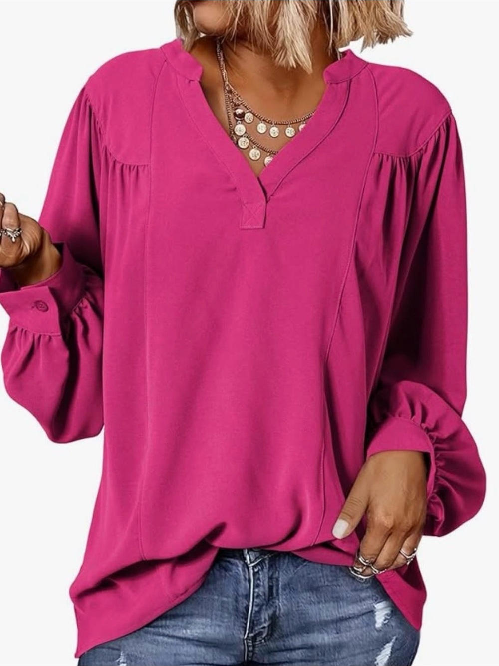 🎧DOKOTOO pink  Fuchsia V-Neck Long Sleeve Blouse size XL GUC